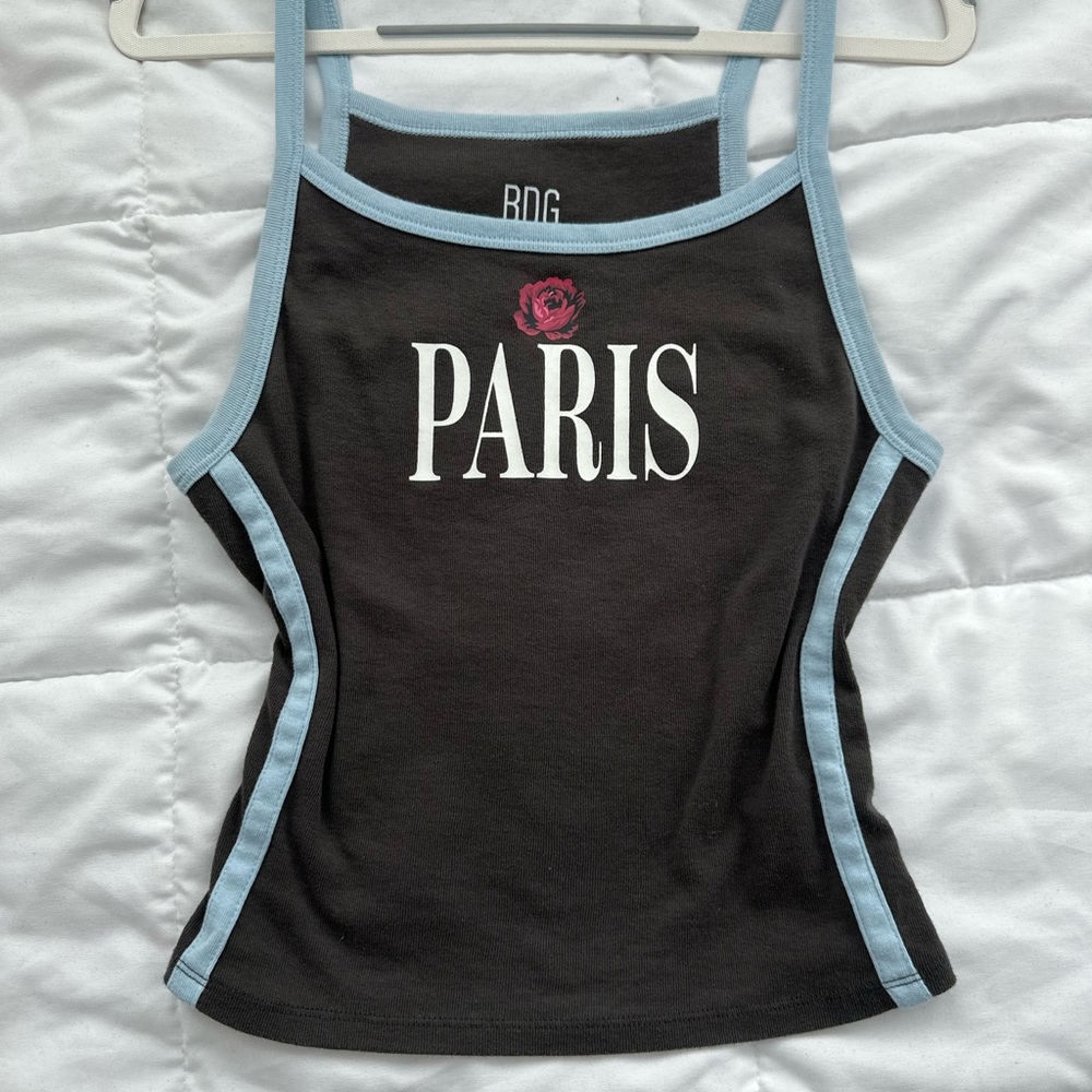 BDG Black Tank Top with Light Blue Trim and Pink Rose Graphic